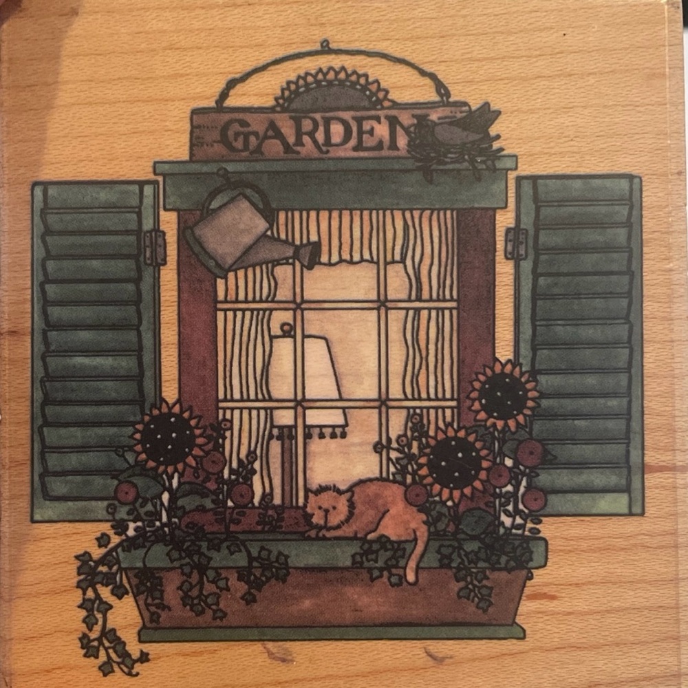 Garden Window Stamp with Cat and Sunflowers